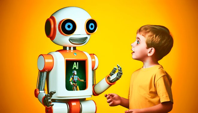 alt_text: A vibrant children's book cover featuring a friendly robot and child, explaining AI in a fun way.