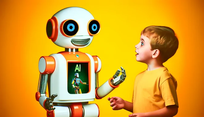 alt_text: A vibrant children's book cover featuring a friendly robot and child, explaining AI in a fun way.